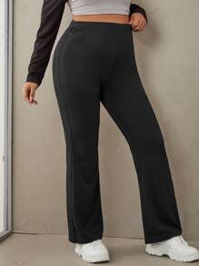 SHEIN EZwear Plus Solid Elastic Waist Straight Leg Trousers - Black - View 1