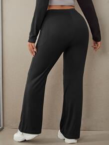 SHEIN EZwear Plus Solid Elastic Waist Straight Leg Trousers - Black - View 2
