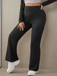 SHEIN EZwear Plus Solid Elastic Waist Straight Leg Trousers - Black - View 3