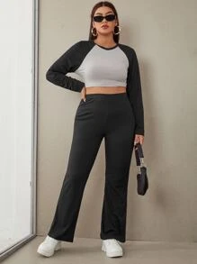 SHEIN EZwear Plus Solid Elastic Waist Straight Leg Trousers - Black - View 5