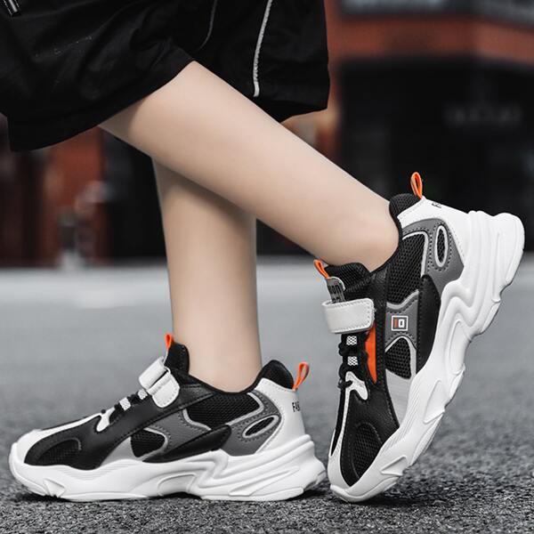 

Kids Colorblock Velcro Strap Sneakers, Black and white