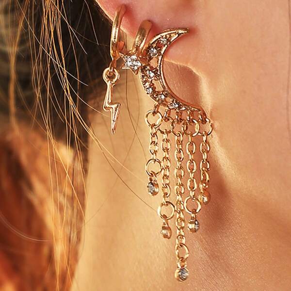 

4pcs Moon & Star Decor Earring, Gold
