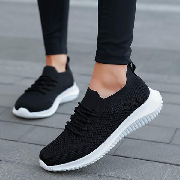 

Knit Detail Lace-up Front Running Shoes, Black