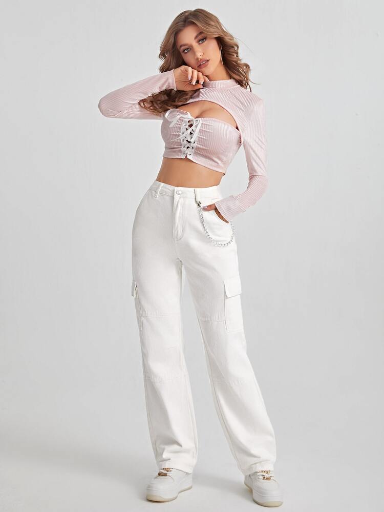 High Waist Chain Detail Cargo Jeans - White - View 5