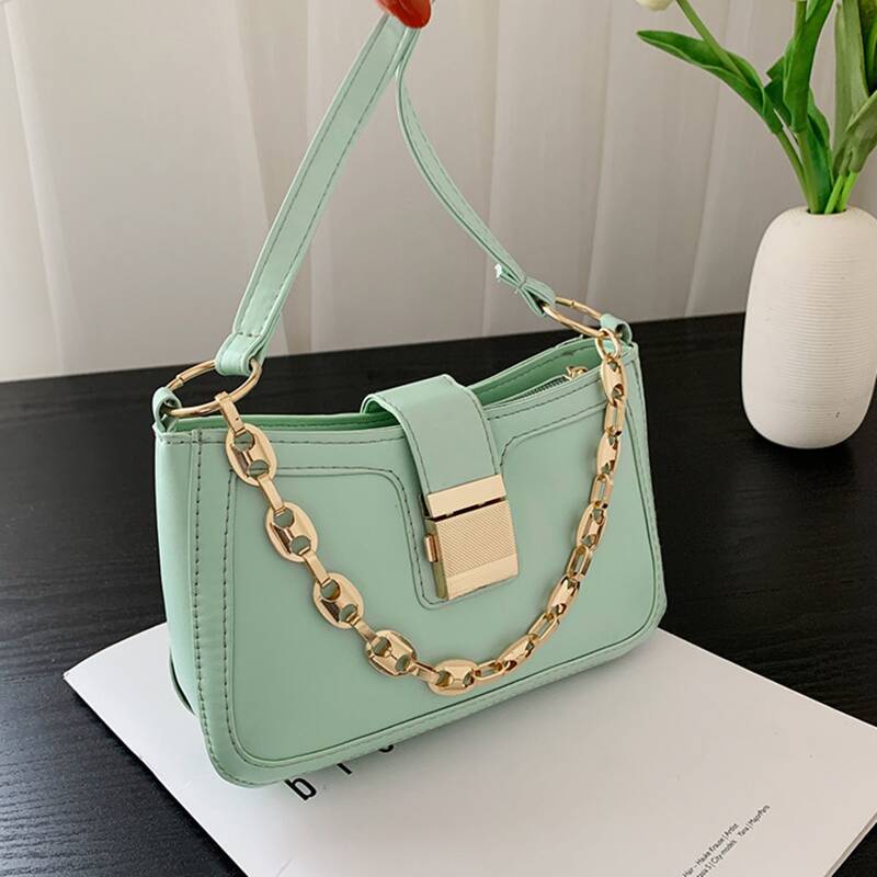 

Metal Buckle Satchel Bag, Green