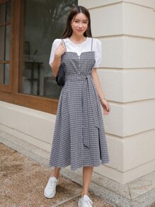 DAZY Plaid Puff Sleeve Fake Button Belted 2 In 1 Dress - Black and White - View 6