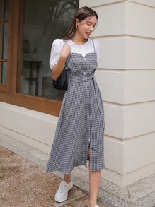 DAZY Plaid Puff Sleeve Fake Button Belted 2 In 1 Dress - Black and White - View 2