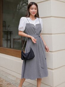 DAZY Plaid Puff Sleeve Fake Button Belted 2 In 1 Dress - Black and White - View 5