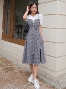 DAZY Plaid Puff Sleeve Fake Button Belted 2 In 1 Dress - Black and White - View 4