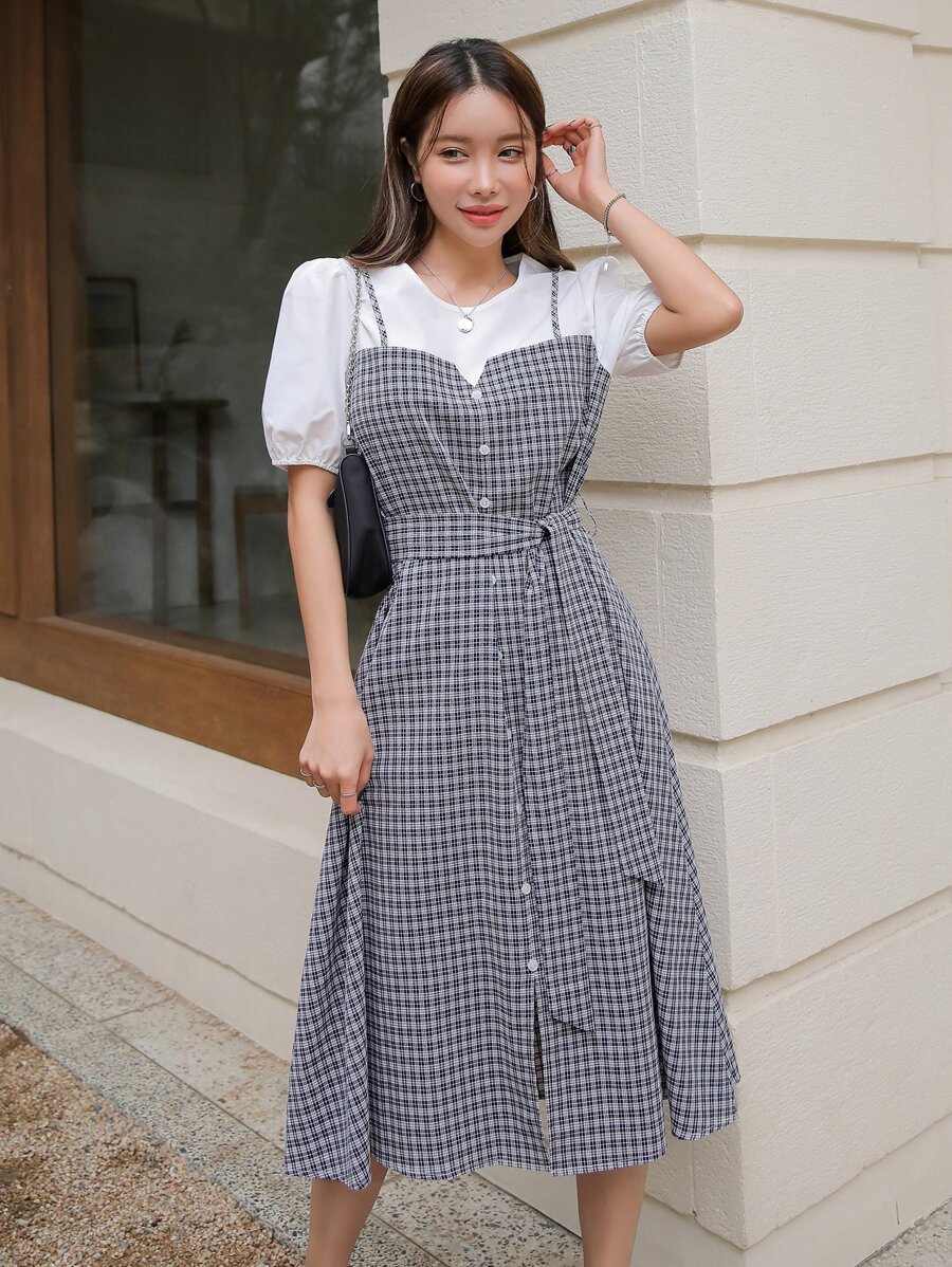 DAZY Plaid Puff Sleeve Fake Button Belted 2 In 1 Dress - Black and White - View 1