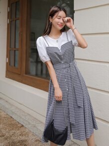 DAZY Plaid Puff Sleeve Fake Button Belted 2 In 1 Dress - Black and White - View 7