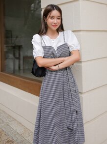 DAZY Plaid Puff Sleeve Fake Button Belted 2 In 1 Dress - Black and White - View 8