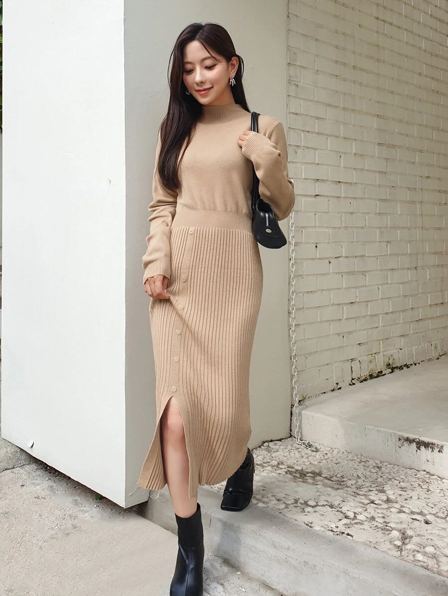DAZY Ribbed Knit Single Breasted Split Hem Jumper Dress - Khaki - View 1