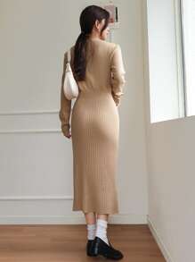 DAZY Ribbed Knit Single Breasted Split Hem Jumper Dress - Khaki - View 2