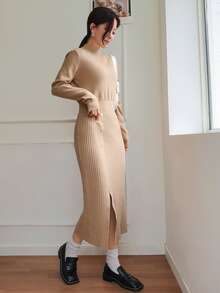 DAZY Ribbed Knit Single Breasted Split Hem Jumper Dress - Khaki - View 3