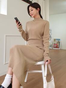 DAZY Ribbed Knit Single Breasted Split Hem Jumper Dress - Khaki - View 5