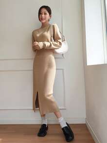 DAZY Ribbed Knit Single Breasted Split Hem Jumper Dress - Khaki - View 6