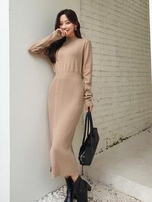 DAZY Ribbed Knit Single Breasted Split Hem Jumper Dress - Khaki - View 7