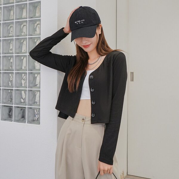 

Ribbed Knit Button Front Crop Top, Black