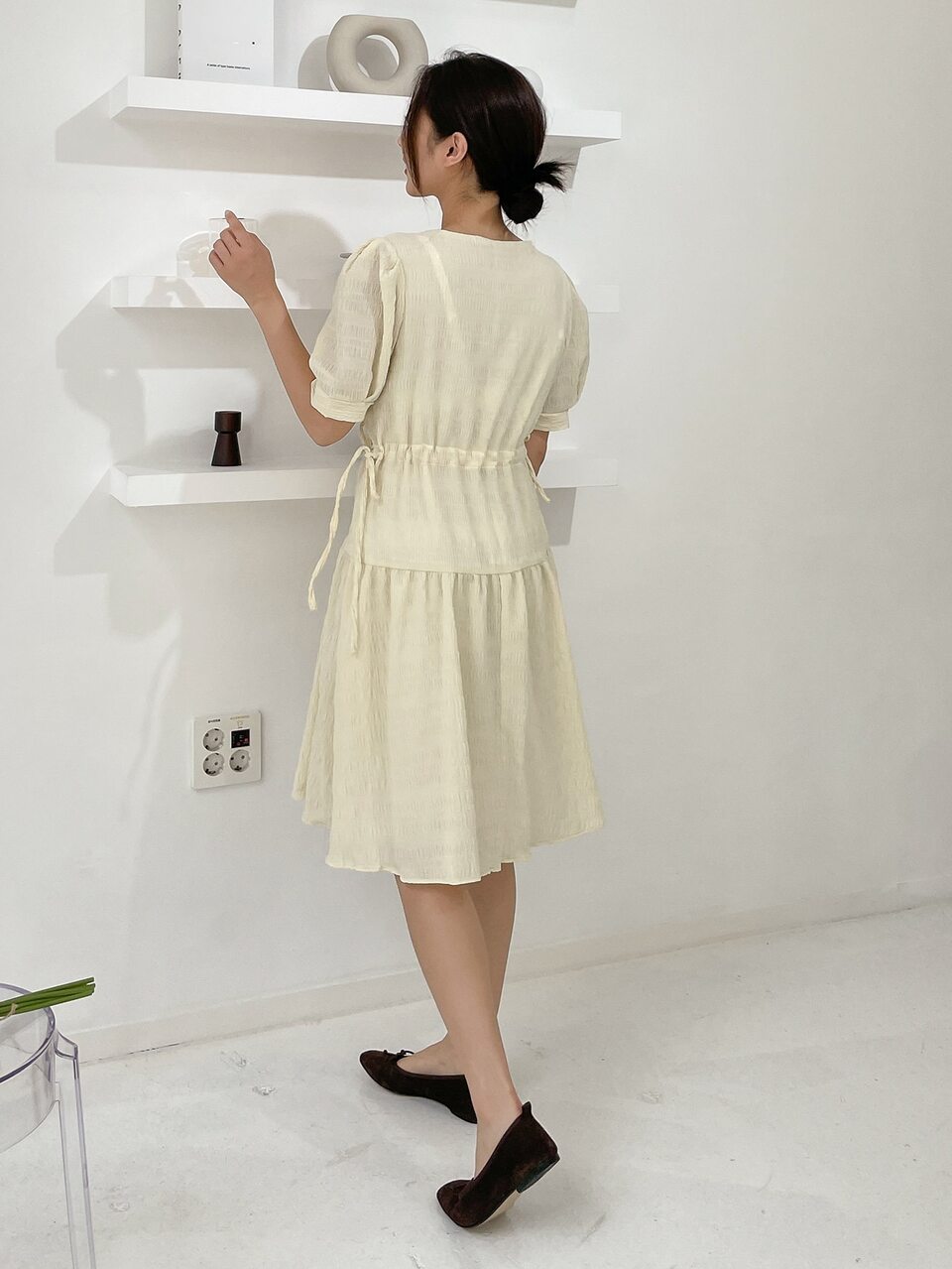 Textured Puff Sleeve Drawstring Waist Ruffle Hem Dress