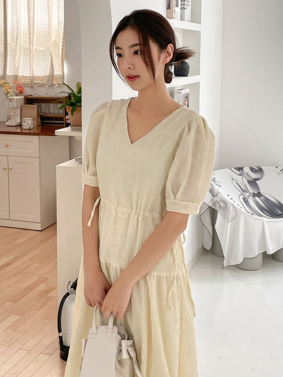 Textured Puff Sleeve Drawstring Waist Ruffle Hem Dress