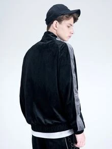 Manfinity 男士拉鏈開襟字母貼布細節拼接側邊接縫夾克 - 黑色 - 查看 2