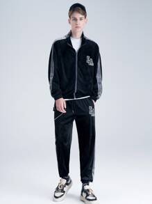 Manfinity 男士拉鏈開襟字母貼布細節拼接側邊接縫夾克 - 黑色 - 查看 4