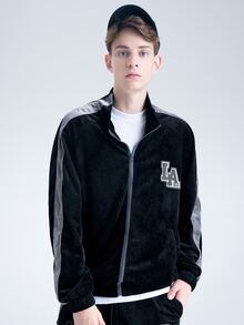 Manfinity 男士拉鏈開襟字母貼布細節拼接側邊接縫夾克 - 黑色 - 查看 5