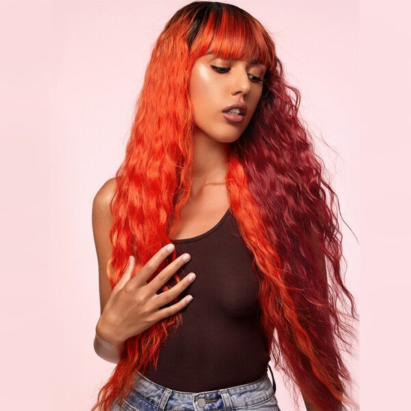 

Two Tone Long Curly Wig With Bangs, Multicolor