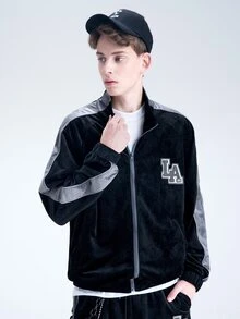 Manfinity 男士拉鏈開襟字母貼布細節拼接側邊接縫夾克 - 黑色 - 查看 6