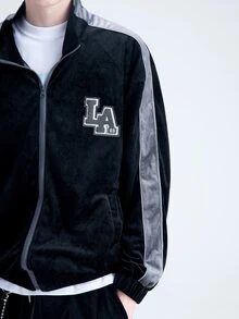 Manfinity 男士拉鏈開襟字母貼布細節拼接側邊接縫夾克 - 黑色 - 查看 7