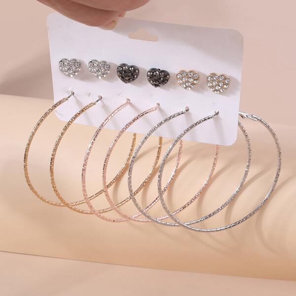 

6pairs Rhinestone Heart Decor Earrings, Multicolor