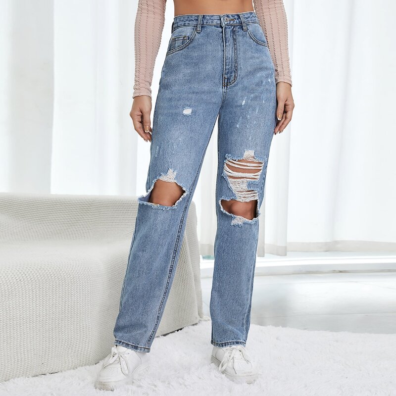

High Waist Ripped Straight Leg Jeans, Light wash