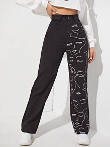 SHEIN EZwear High Waisted Figure Graphic Jeans - Black - View 1