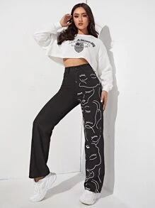 SHEIN EZwear High Waisted Figure Graphic Jeans - Black - View 3