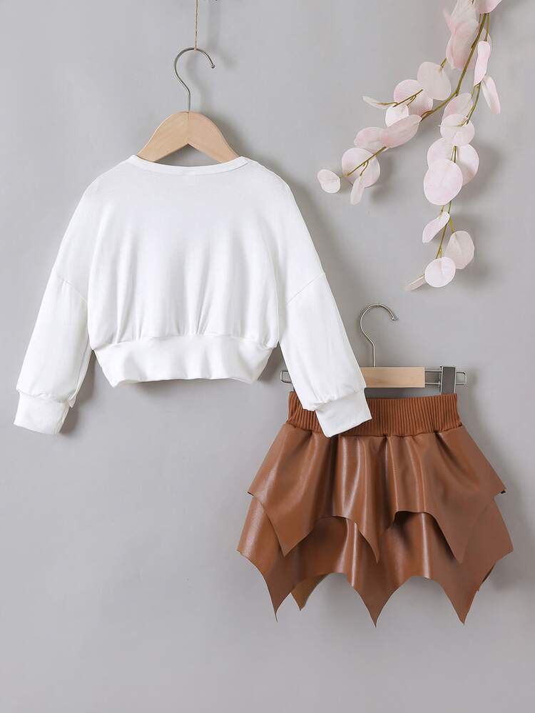 Young Girl Butterfly & Floral Print Sweatshirt & Bow Front Asymmetrical Skirt