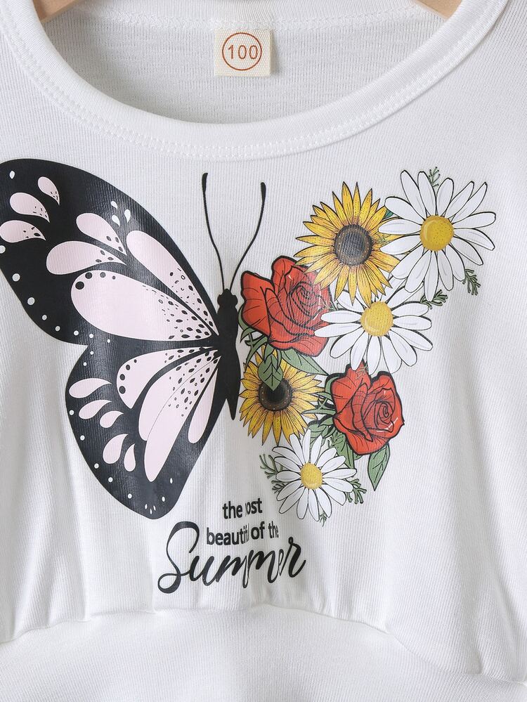 Young Girl Butterfly & Floral Print Sweatshirt & Bow Front Asymmetrical Skirt