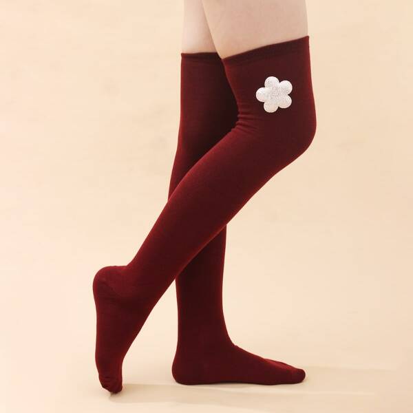 

Flower Decor Over The Knee Socks, Burgundy