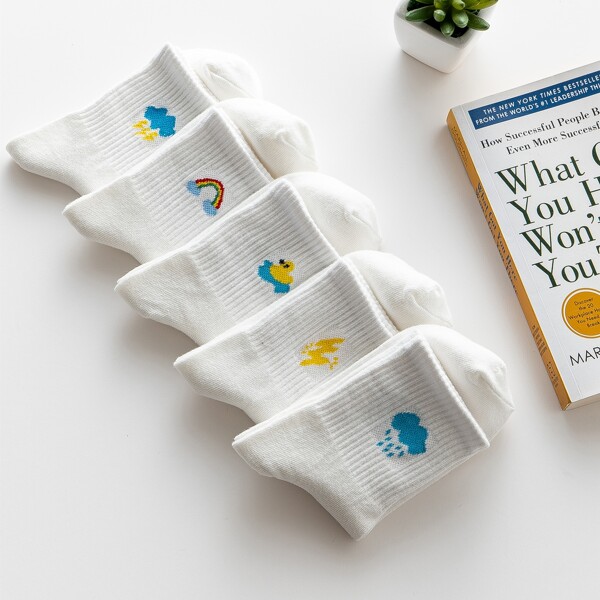 

5pairs Rainbow Print Socks, White