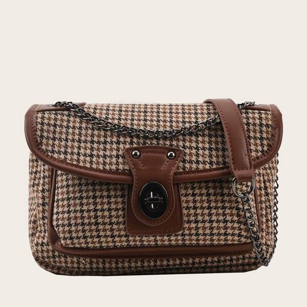 

Houndstooth Graphic Twist Lock Chain Shoulder Bag, Multicolor