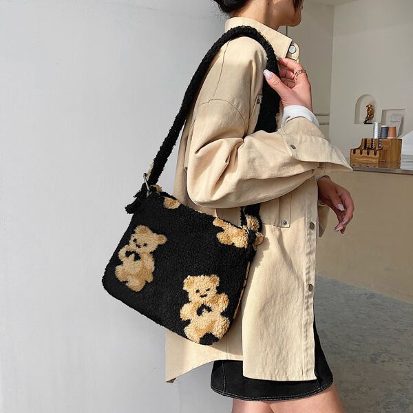 

Cartoon Graphic Fluffy Shoulder Bag, Black