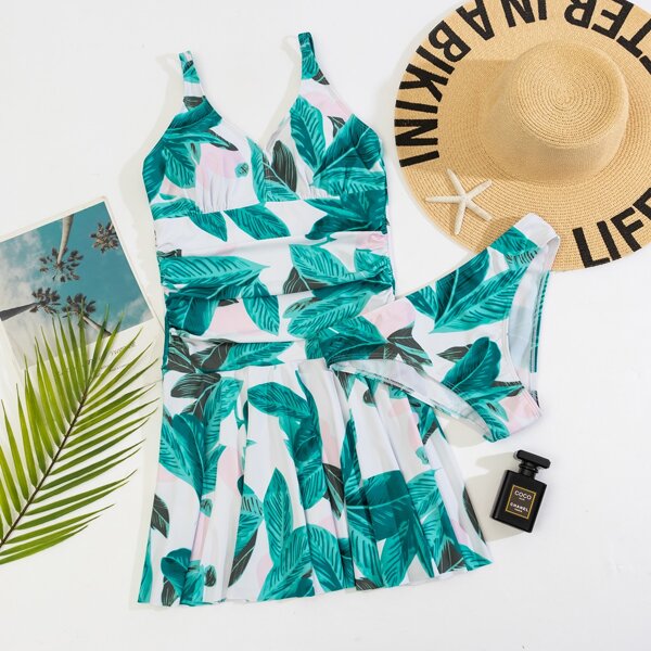 

Plant Print Ruched Swim Dress With Panty, Multicolor