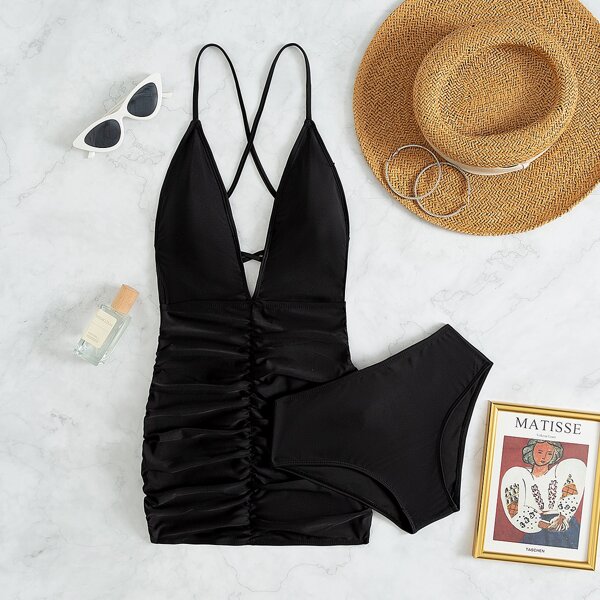 

Ruched Plunging Swim Dress With Panty, Black