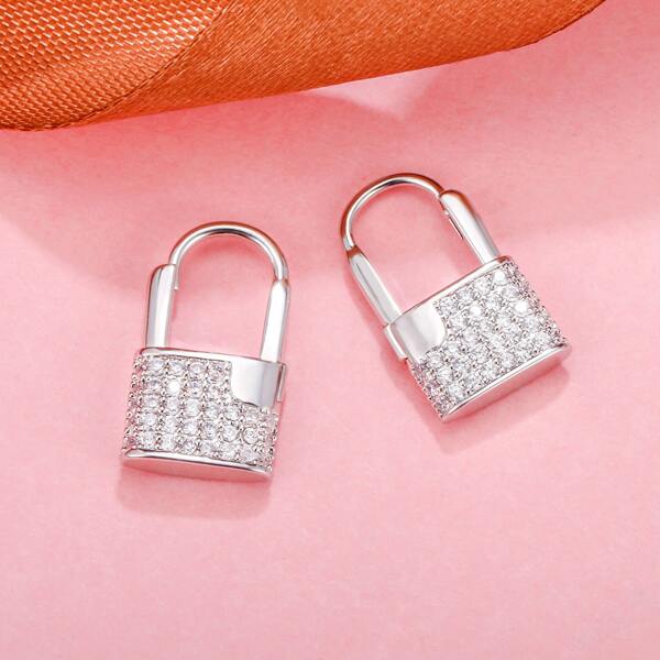 

Zircon Lock Decor Earrings, Silver