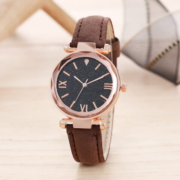 

Rhinestone Decor Round Pointer Quartz Watch