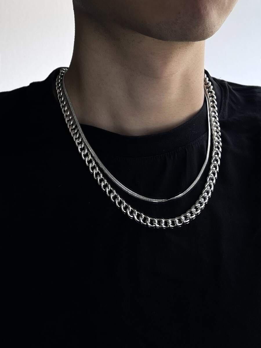 2pcs Men Minimalist Necklace - Antique Silver - View 1