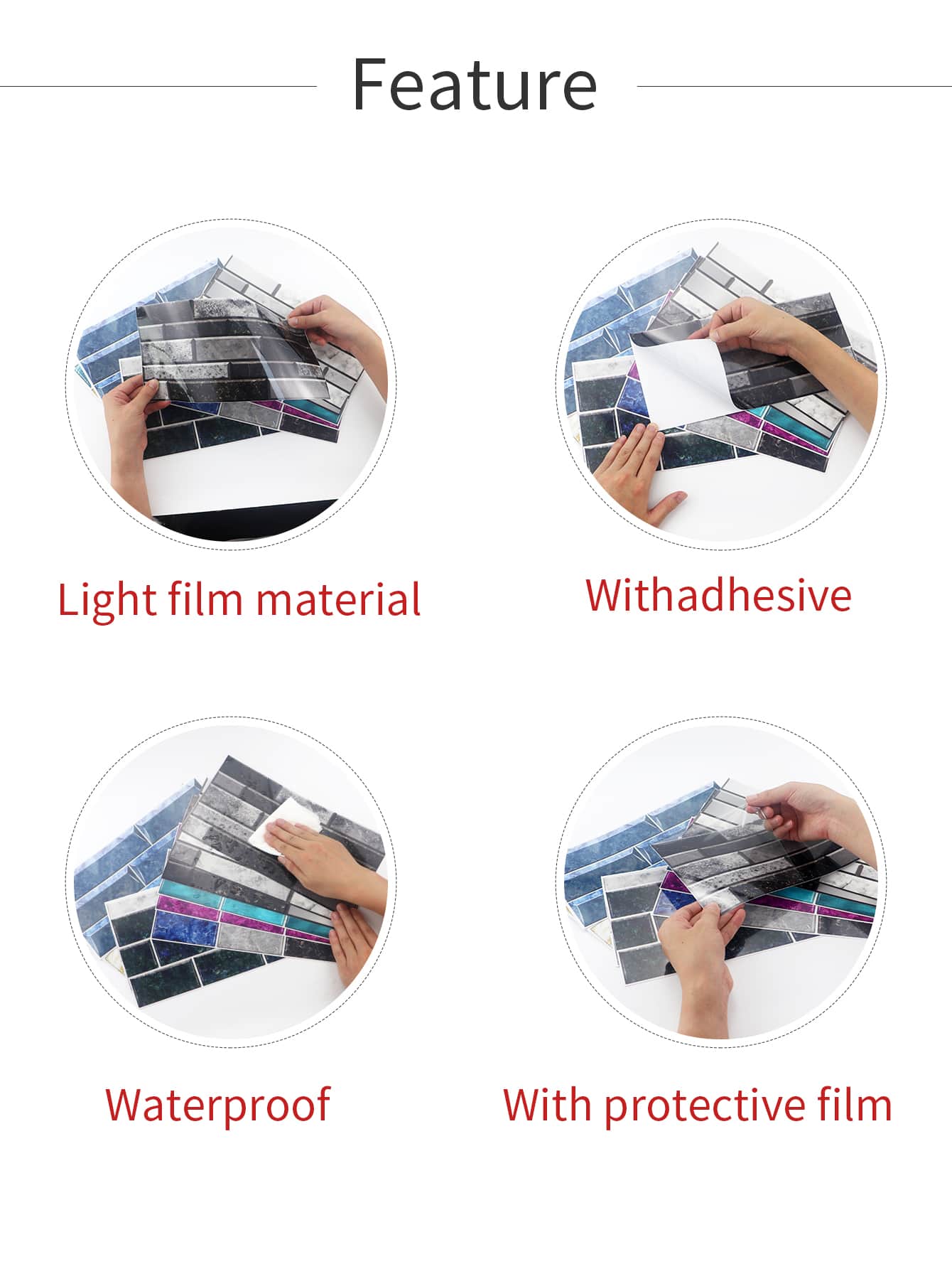 6pcs Tile Pattern Water Proof Wall Paper, Peel And Stick Wall Tile For