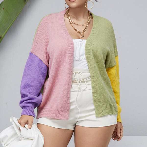

Plus Color Block Drop Shoulder Cardigan, Multicolor