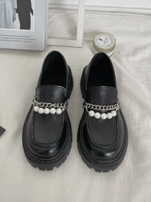 鏈條和人造珍珠裝飾厚底樂福鞋 - 黑色 - 查看 3