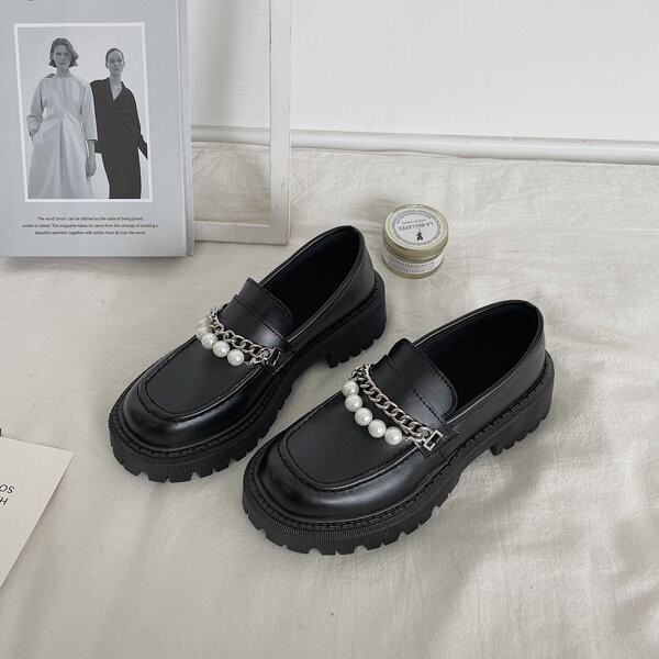 

Chain & Faux Pearl Decor Flatform Loafers, Black